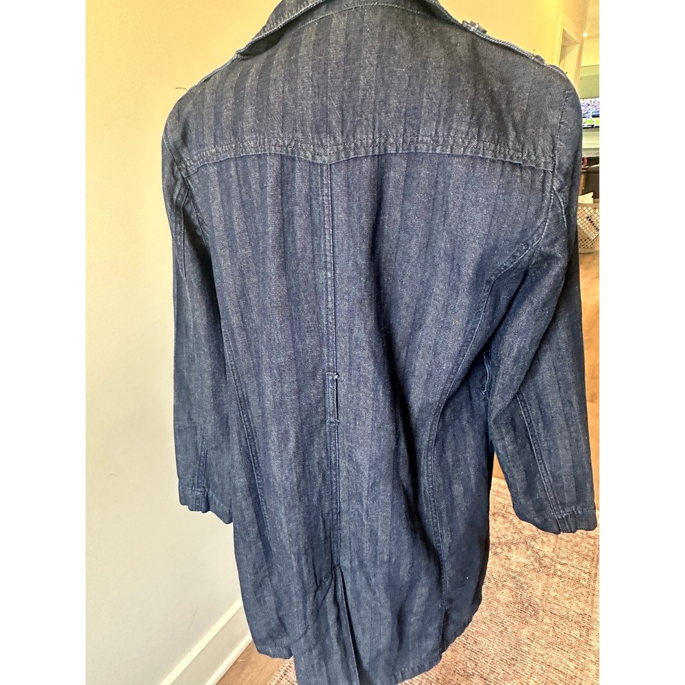 Chicos Dark Wash Denim Trench Coat Double Breasted Herringbone Long Jacket Sz 1 - Picture 5 of 13